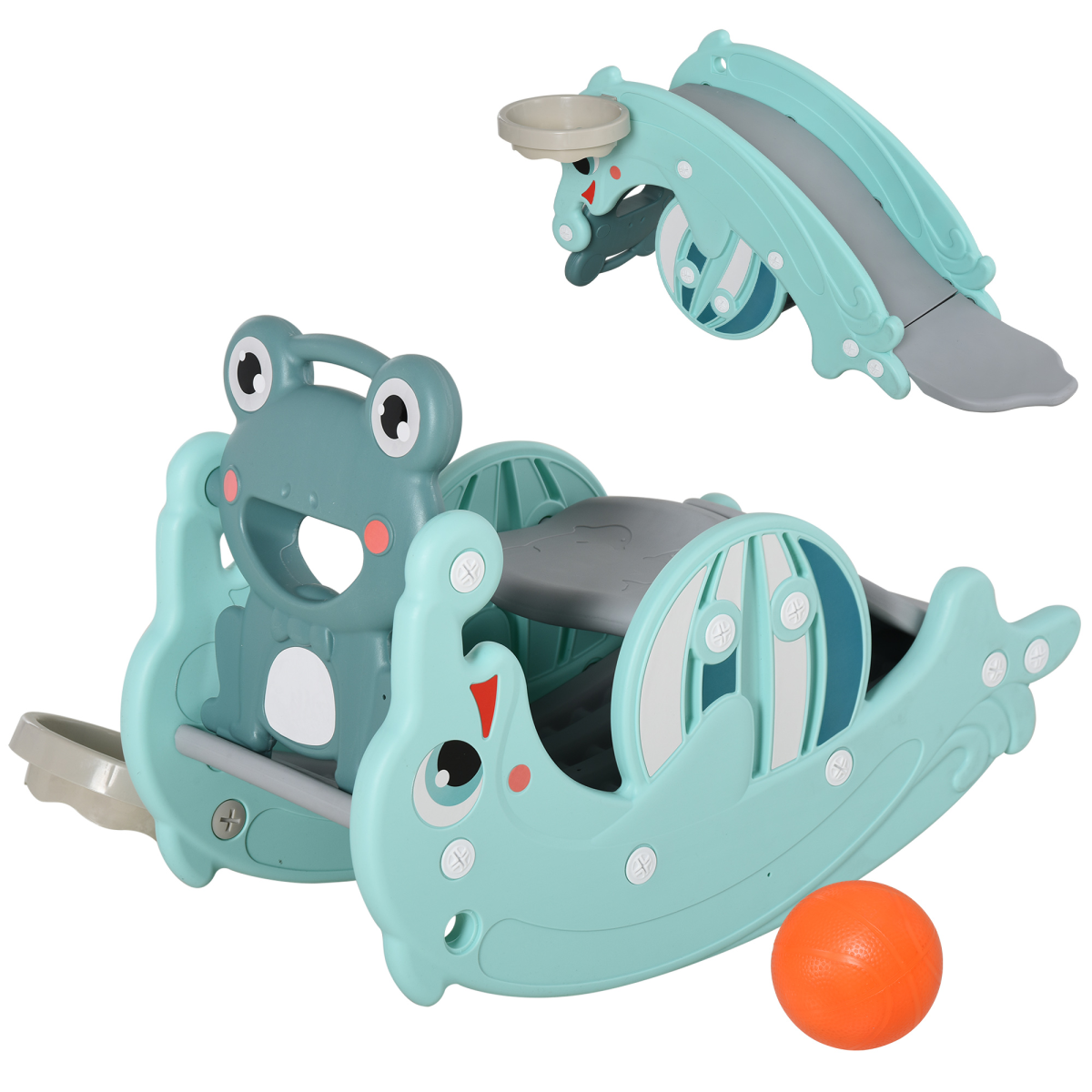 3-in-1 baby rocking horse with slide and basketball hoop for ages 3-5, featuring colorful plastic construction and playful design.