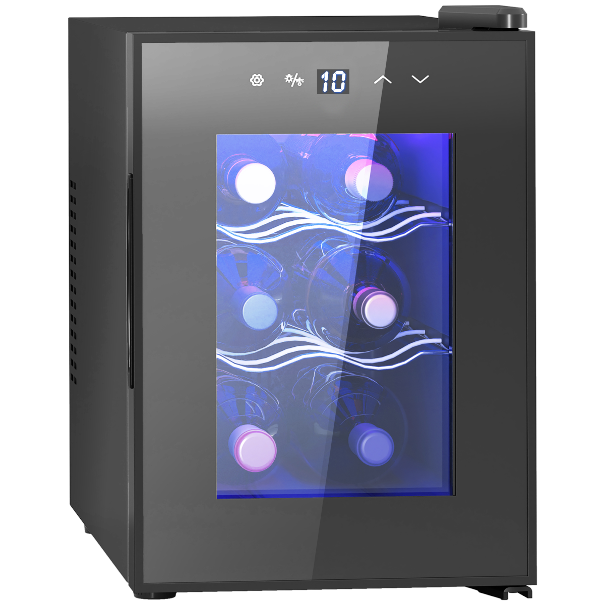 HOMCOM mini beer and wine fridge with glass door, 6-bottle capacity and touch screen control on the front.