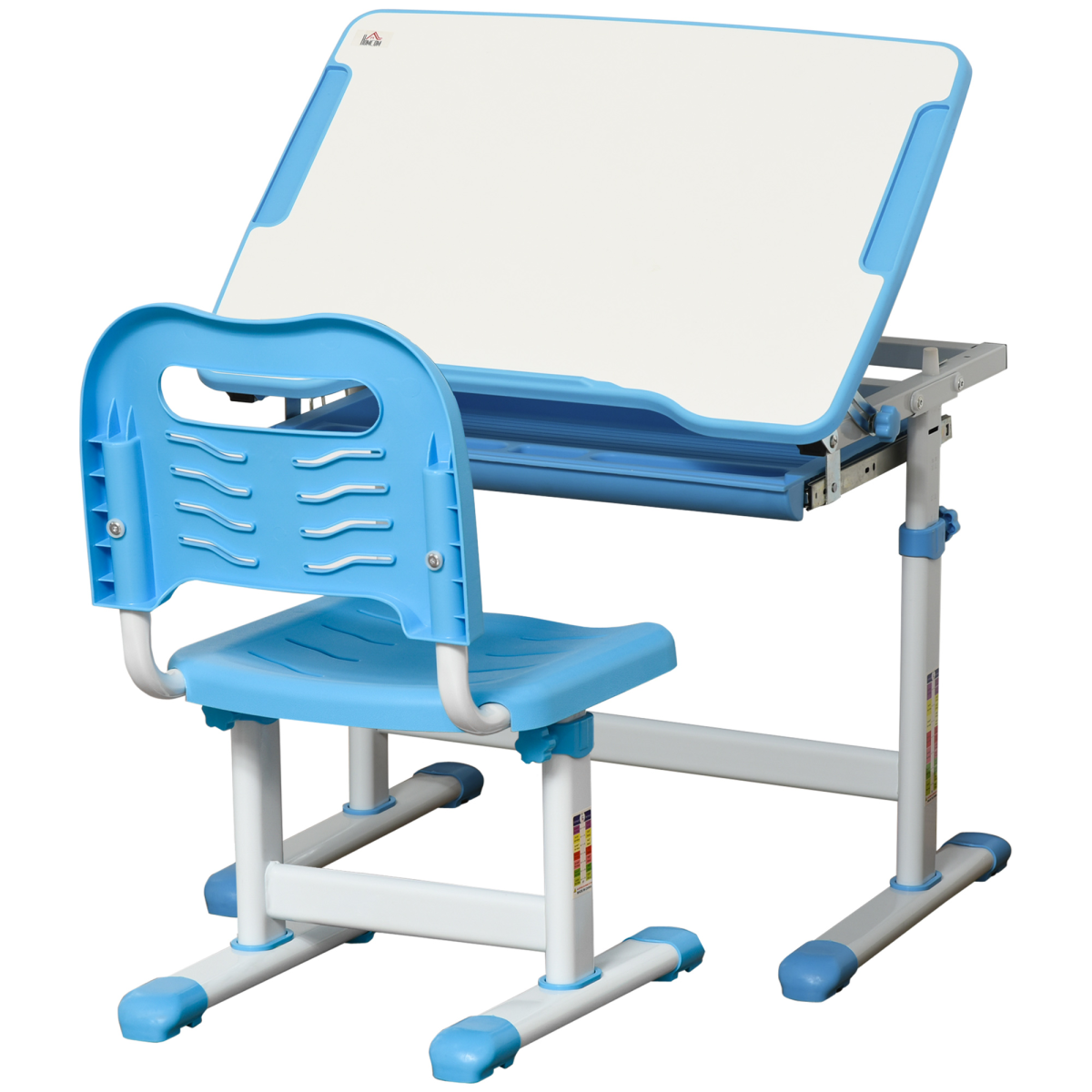 Kids desk and chair set with adjustable tiltable surface, drawer, pen slot, and hook, designed for children’s study and play.