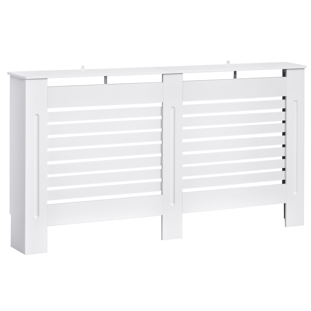 White MDF radiator cover with slatted design from HOMCOM, measuring 152cm, designed to conceal and protect radiators.