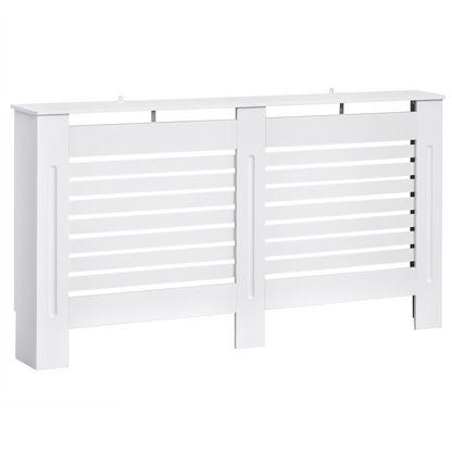 White MDF radiator cover with slatted design from HOMCOM, measuring 152cm, designed to conceal and protect radiators.