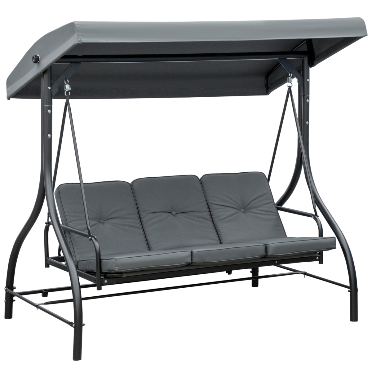 Dark grey Outsunny 3-seater canopy swing chair with porch hammock bed and rocking bench, featuring cushioned seating and sturdy frame.