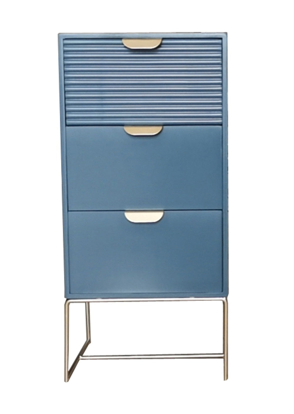 Blue wooden bedside table with three drawers and scalloped design, featuring a stylish storage unit by MSL