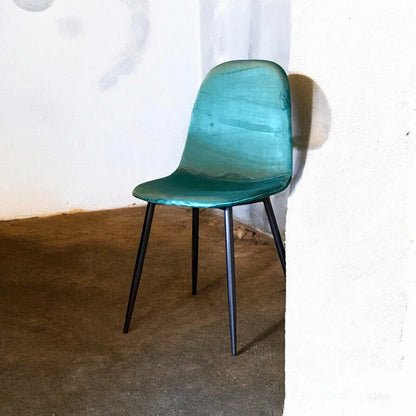Green fabric chair with black metal legs, modern design, comfortable seating, and stylish appearance.