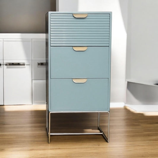 Green wooden bedside table with three drawers and scalloped edges, compact storage unit by MSL.
