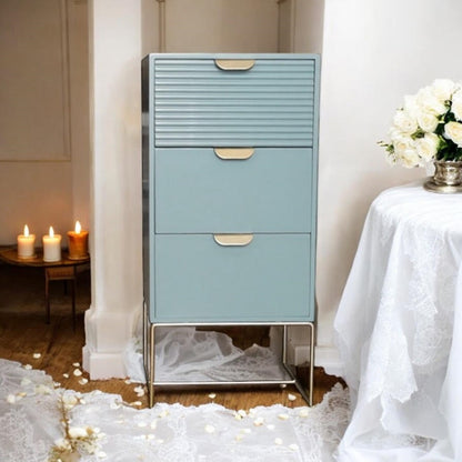 Green wooden bedside table with 3 drawers, scalloped design, compact storage unit by MSL.