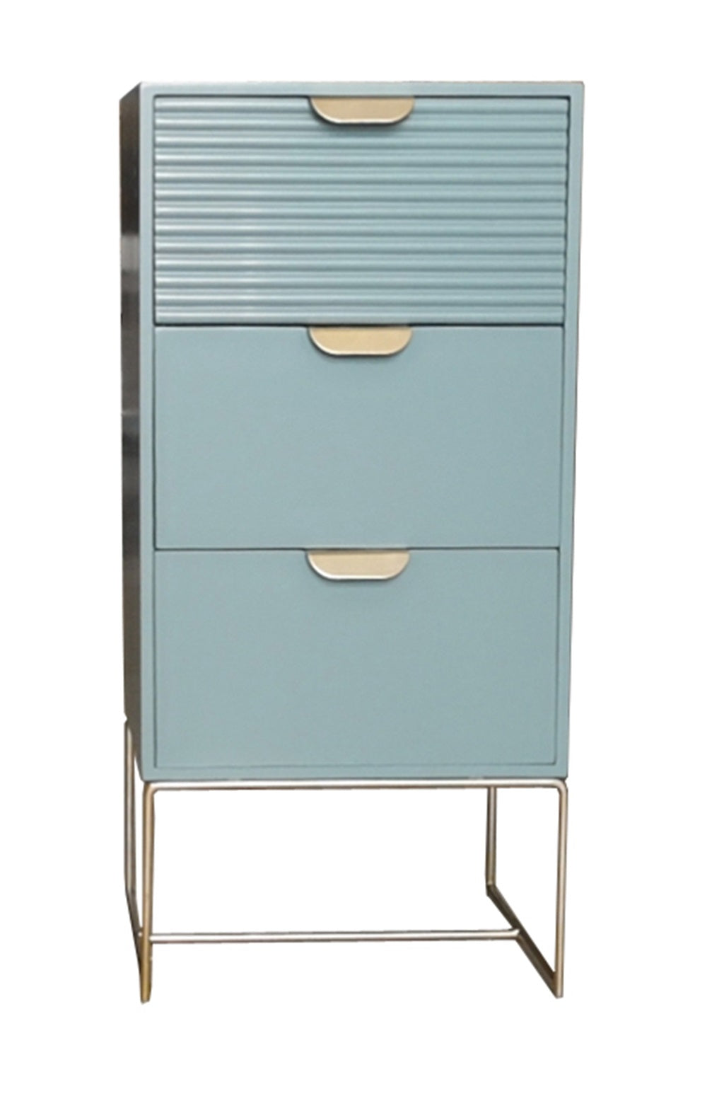 Green wooden bedside table with three drawers and scalloped design, compact storage unit by MSL.