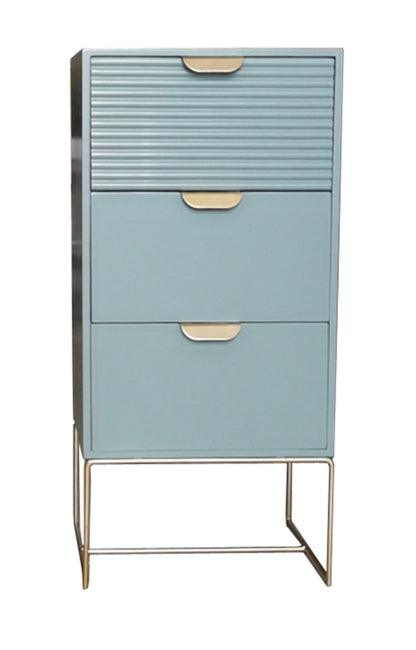 Green wooden bedside table with three drawers and scalloped design, compact storage unit by MSL.