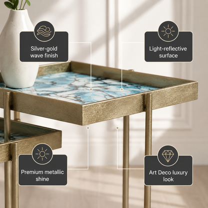 Set of 2 MSL Art Deco nesting side tables with gold floral marble effect square tops and sleek design.