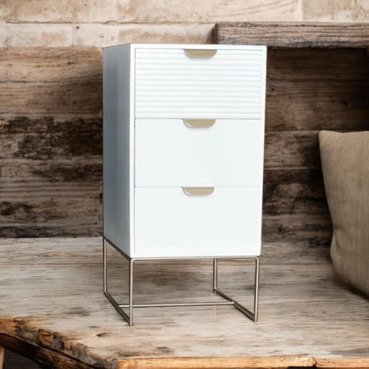 White wooden bedside table with three drawers and scalloped edges, compact storage unit by MSL.