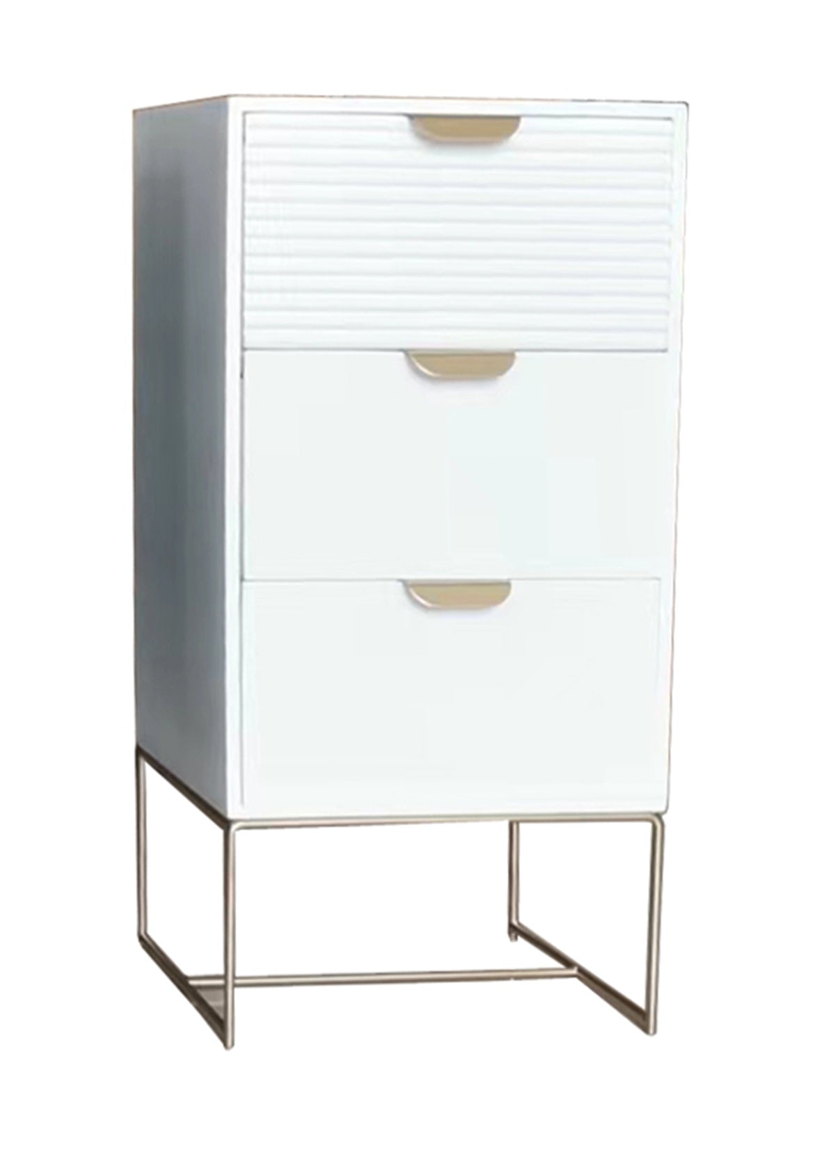 White wooden bedside table with three drawers and scalloped edges, compact storage unit by MSL.