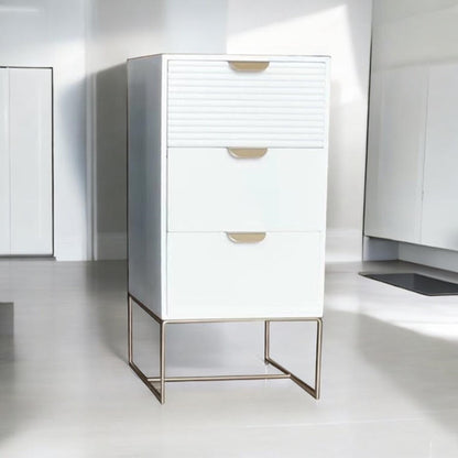 White wooden bedside table with three scalloped drawers, compact storage unit by MSL for bedroom organization.