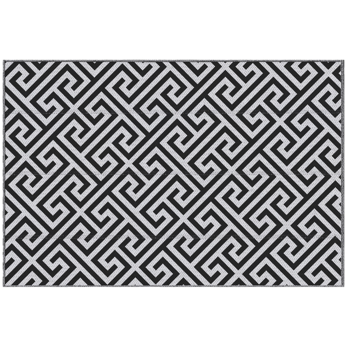 Reversible outdoor rug 152x243cm in black, portable plastic straw camping and garden mat suitable for outdoor use.