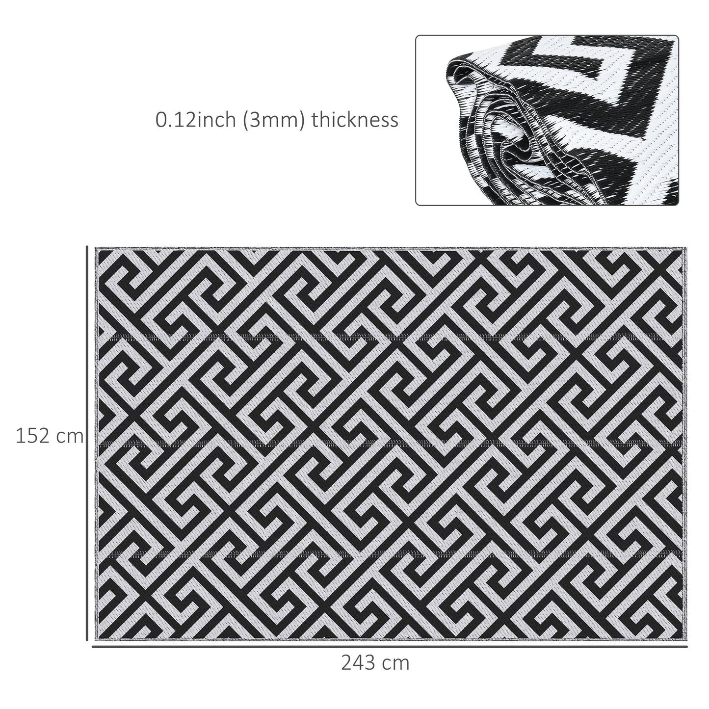 Reversible outdoor rug in black, 152x243cm, portable plastic straw camping and garden mat for outdoor use.