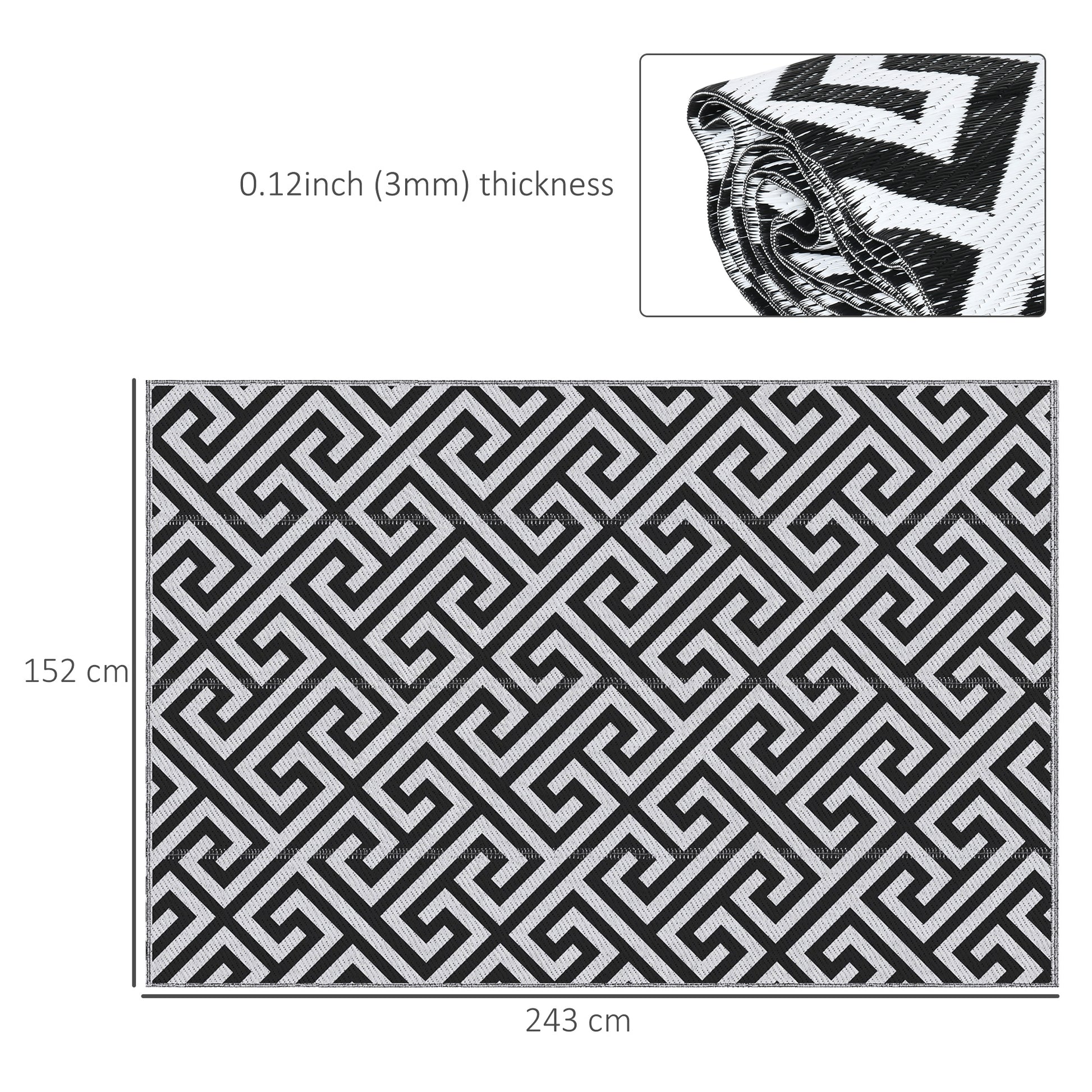Reversible outdoor rug in black, 152x243cm, portable plastic straw camping and garden mat for outdoor use.