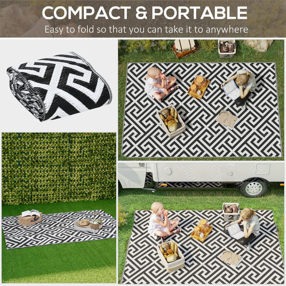 Reversible outdoor rug in black, 152x243cm, portable plastic straw camping and garden mat, suitable for outdoor use.