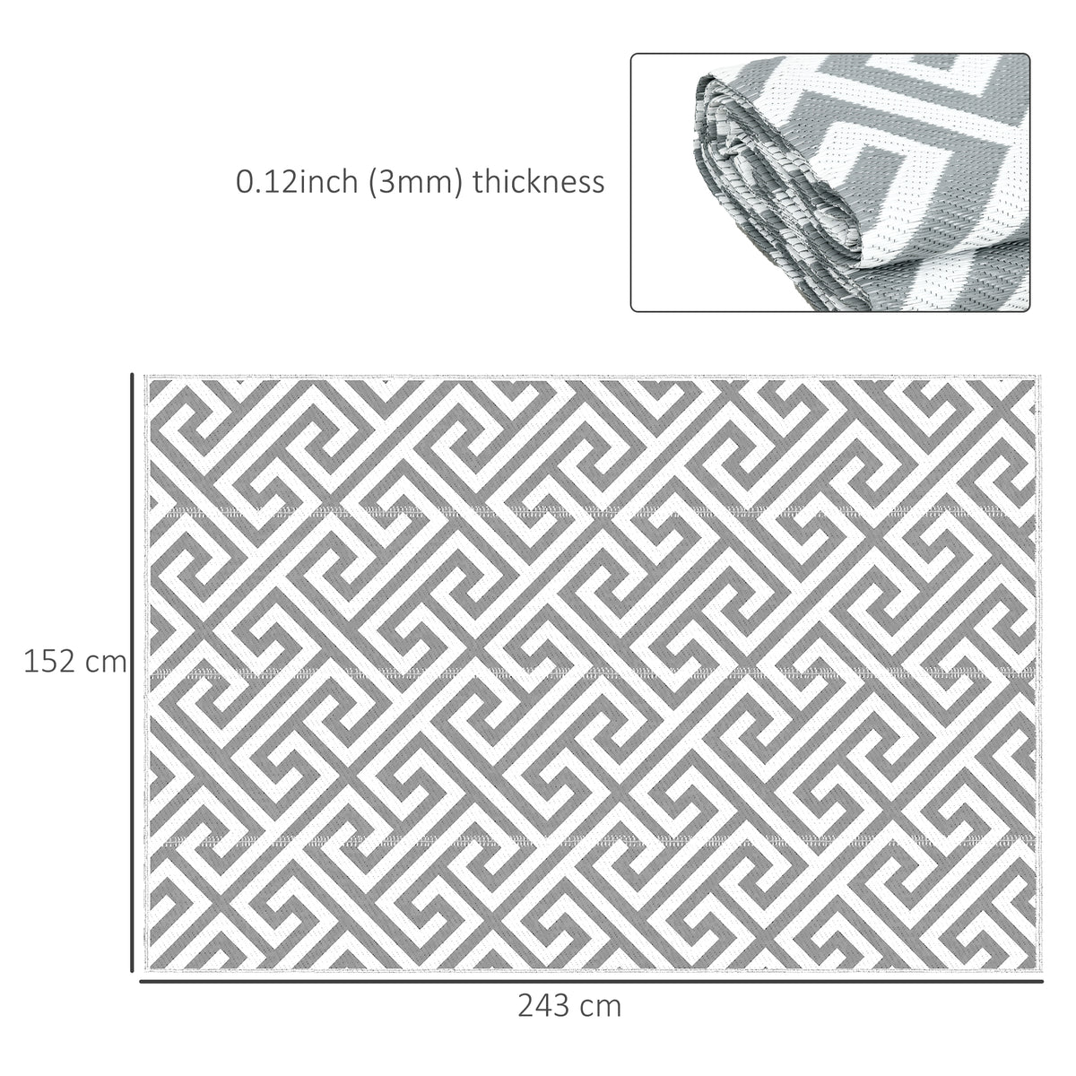 Light grey reversible outdoor rug 152x243cm, portable plastic straw garden and camping mat for outdoor use.