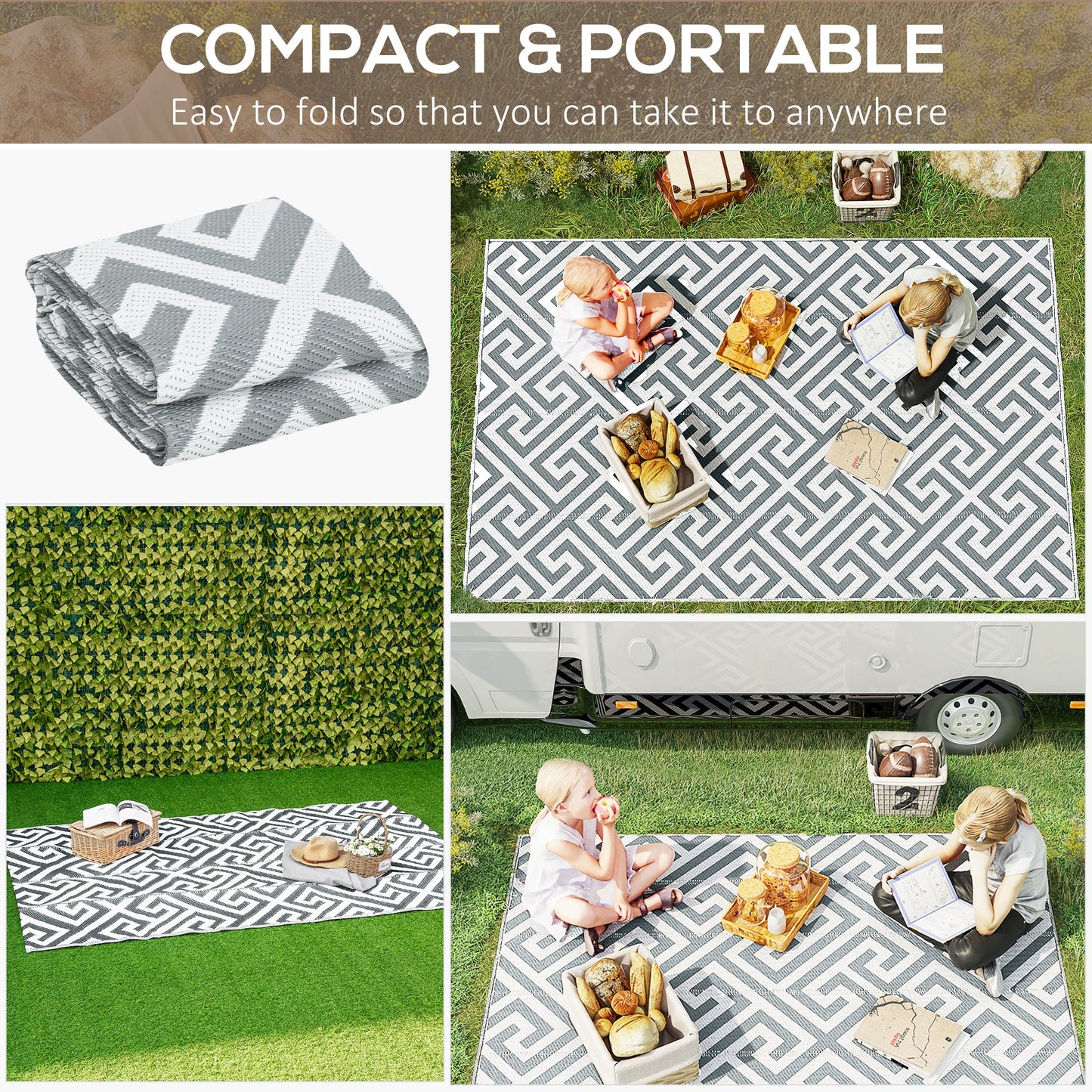 Light grey reversible outdoor rug, 152x243cm, portable plastic straw garden and camping mat for outdoor use.