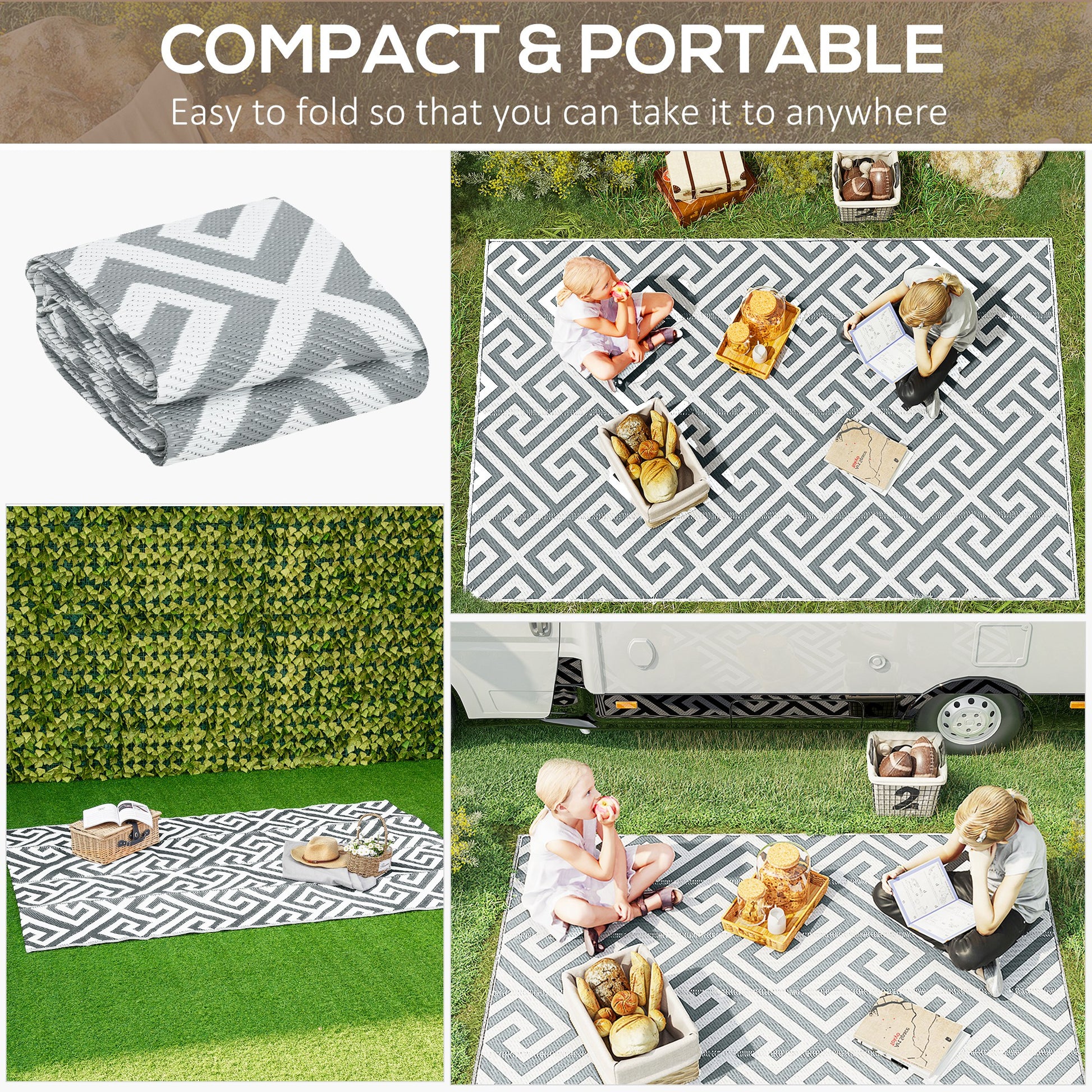 Light grey reversible outdoor rug, 152x243cm, portable plastic straw garden and camping mat for outdoor use.