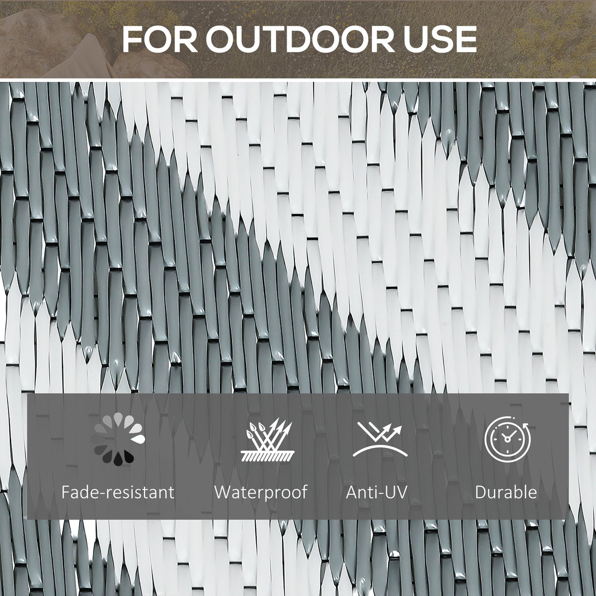 Light grey reversible outdoor rug, 152x243cm, portable plastic straw garden and camping mat, ideal for outdoor use.