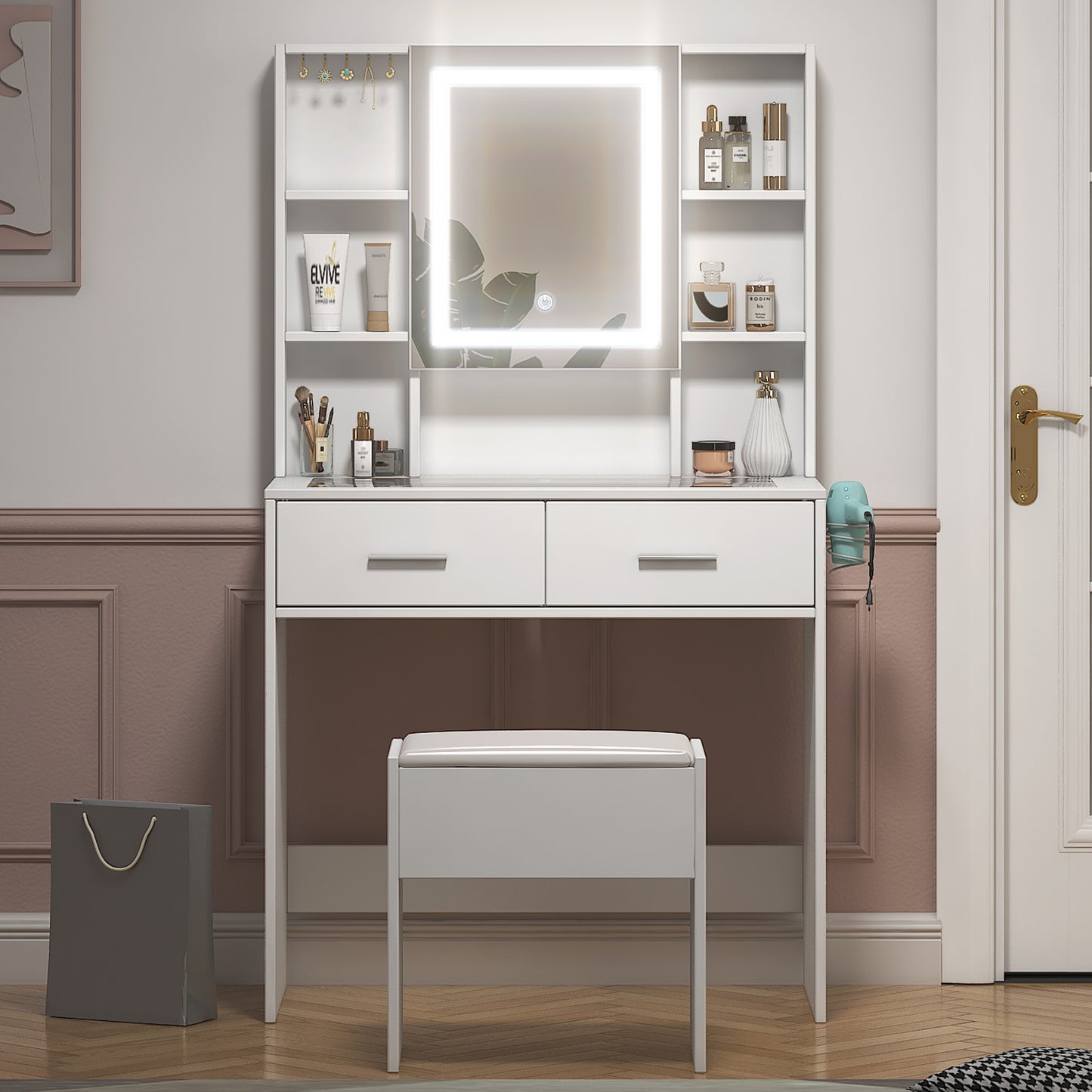 White LED dressing table with mirror, glass top, power outlet, and storage shelves in a modern vanity set.