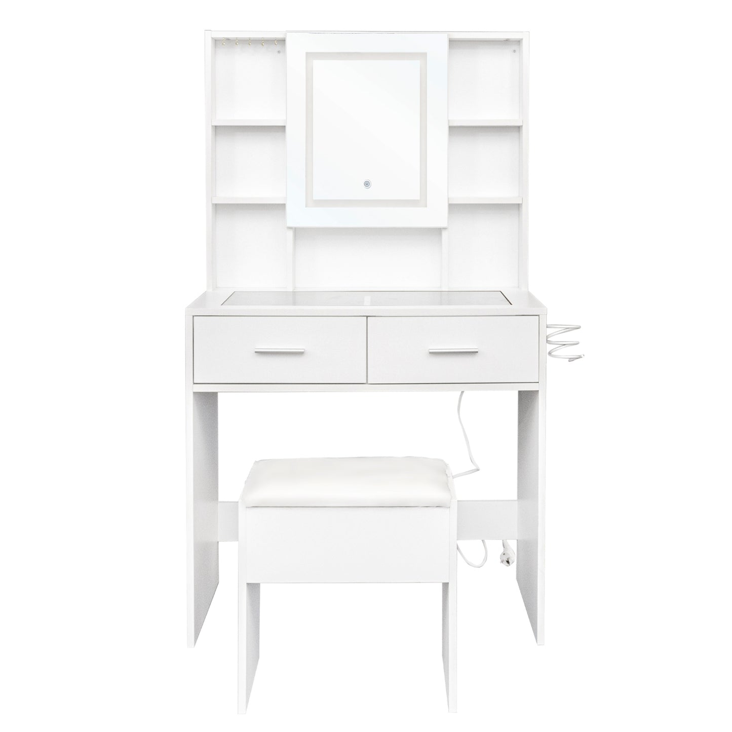 White LED dressing table with mirror, glass top, power outlet, and storage shelves for vanity organization