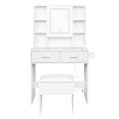 White LED dressing table with mirror, glass top, power outlet, and storage shelves for vanity organization