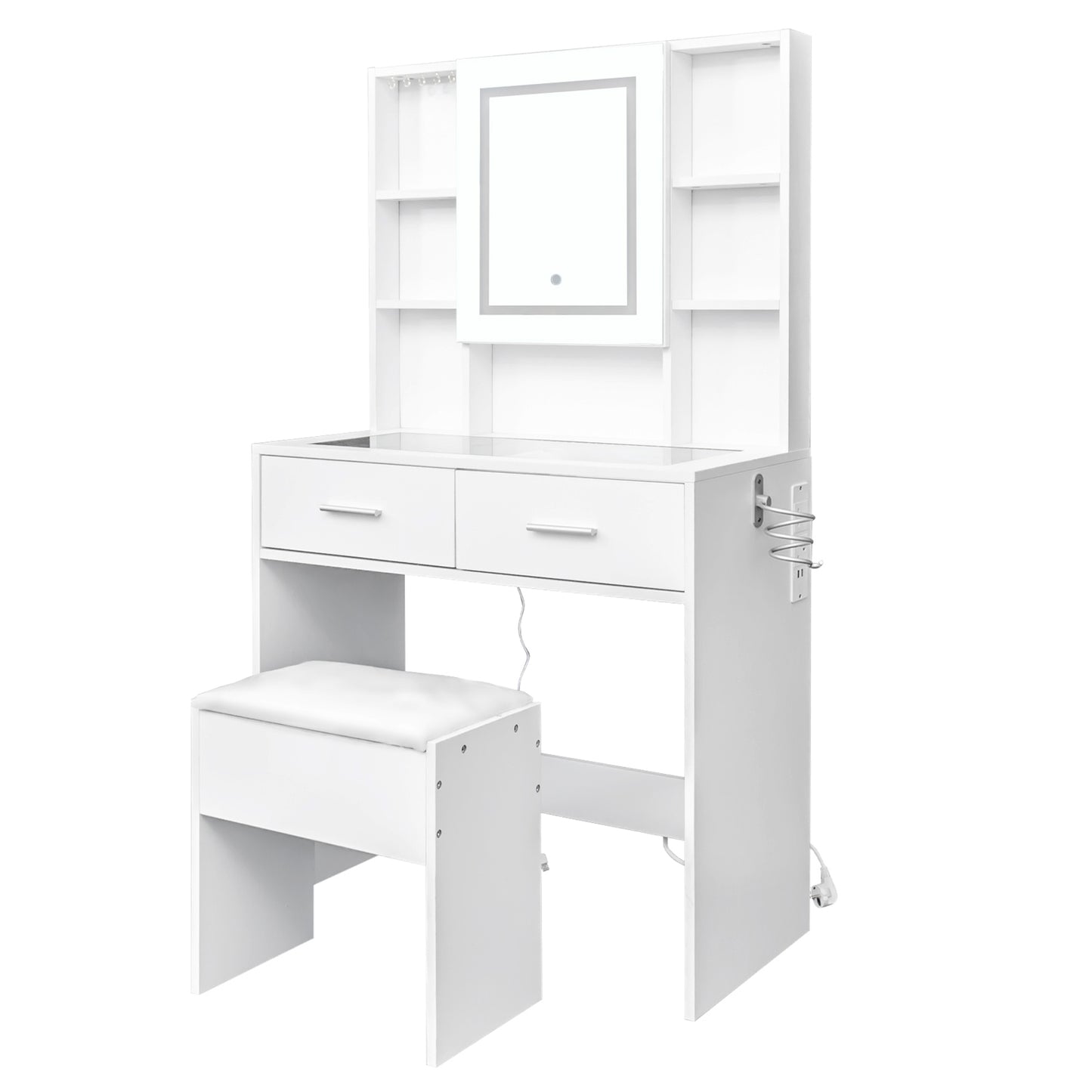 White LED dressing table with mirror, glass top, power outlet, and storage shelves in a modern vanity set design.