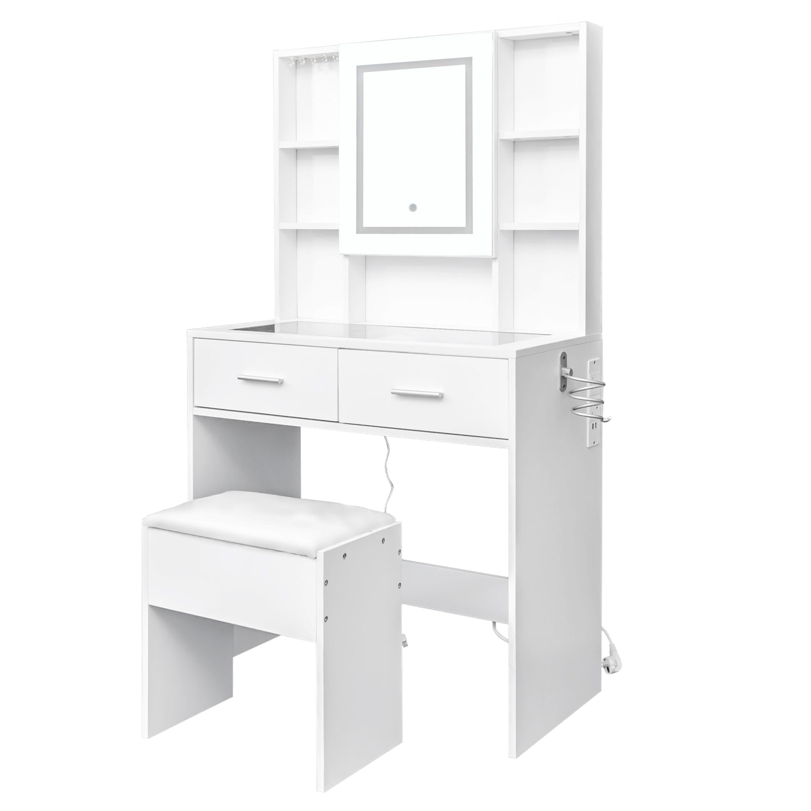 White LED dressing table with mirror, glass top, power outlet, and storage shelves in a modern vanity set design.