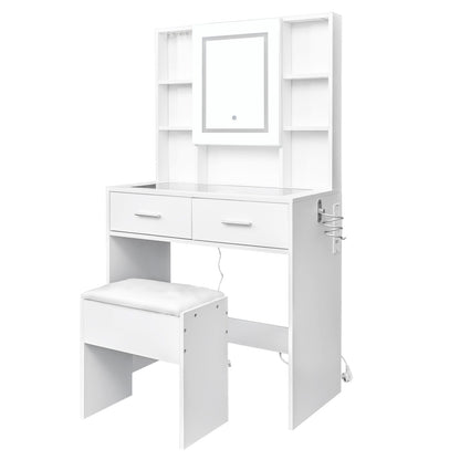 White LED dressing table with mirror, glass top, power outlet, and storage shelves in a modern vanity set design.