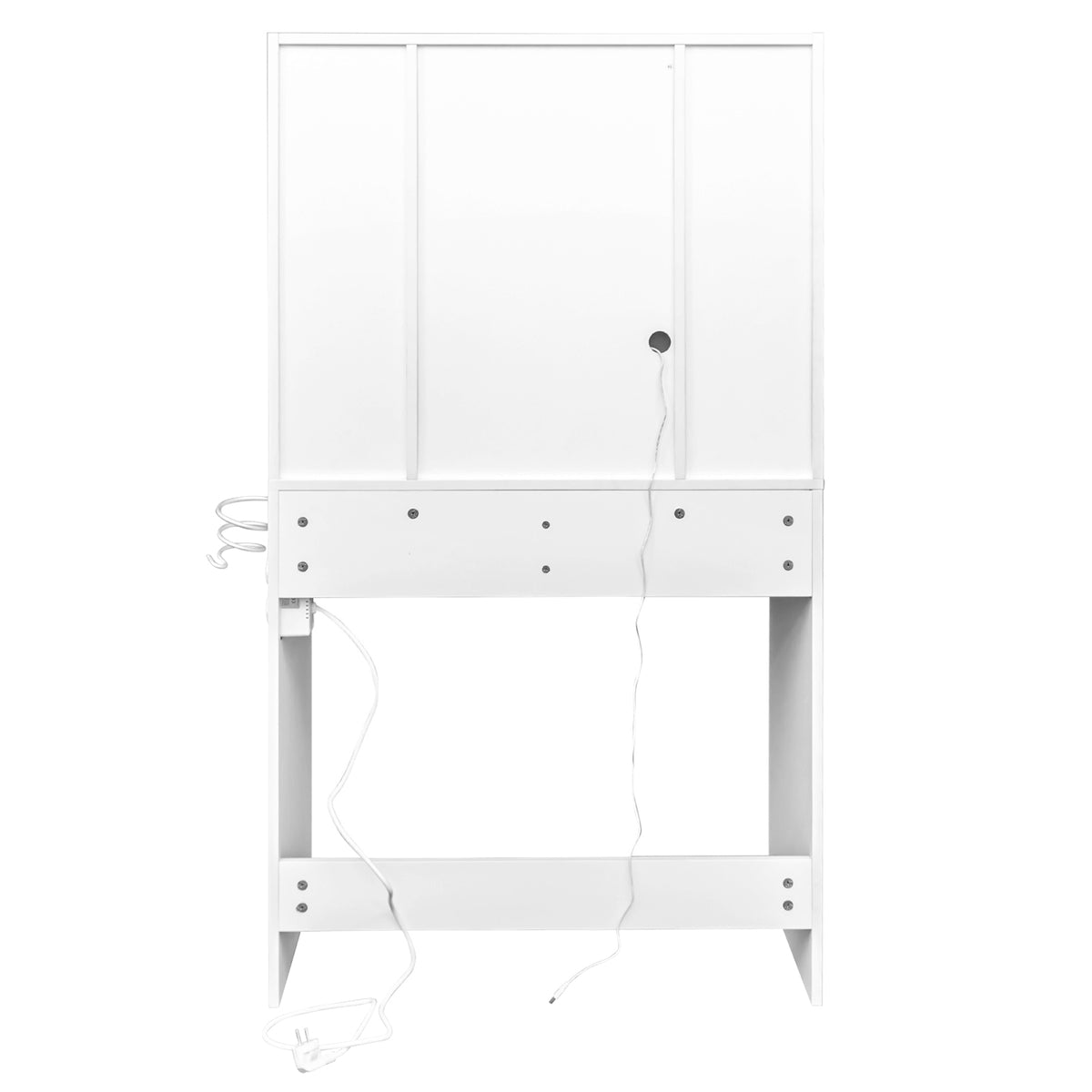 White LED dressing table with mirror, glass top, power outlet, and storage shelves for vanity use.
