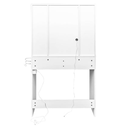 White LED dressing table with mirror, glass top, power outlet, and storage shelves for vanity use.