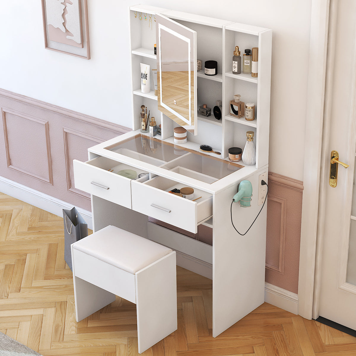 White LED dressing table with mirror, glass top, power outlet, and storage shelves for vanity and makeup organization.