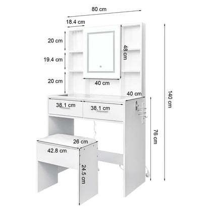 White LED dressing table with mirror, glass top, power outlet, and storage shelves, ideal for vanity and bedroom use.