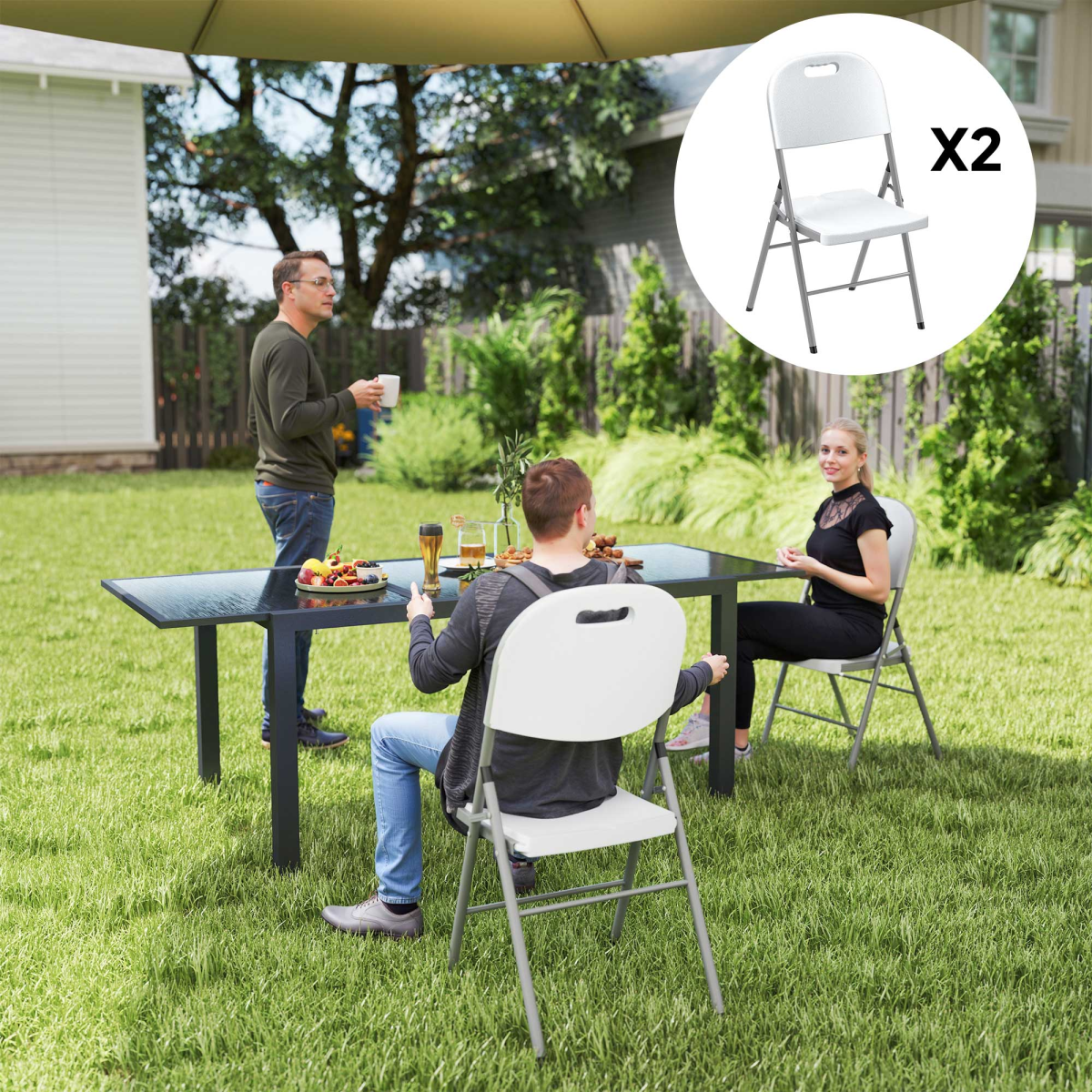 Set of 2 and 4 Outsunny folding garden chairs with steel frames, lightweight and portable outdoor seating for patio or garden use.