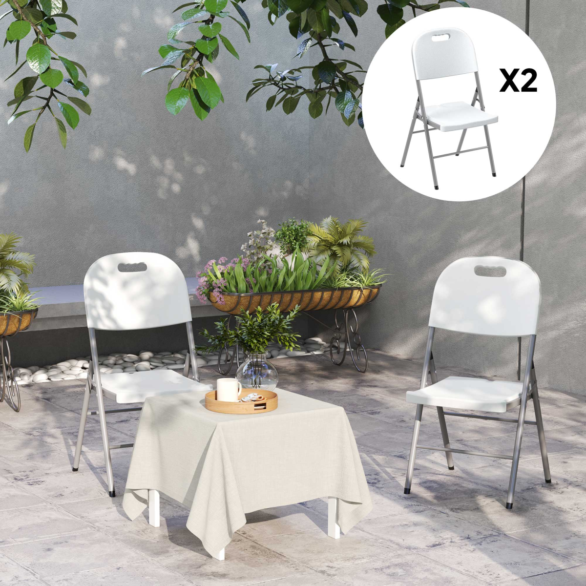 Set of 2 and 4 Outsunny folding garden chairs with steel frames, lightweight and portable outdoor seating for patio or garden use.