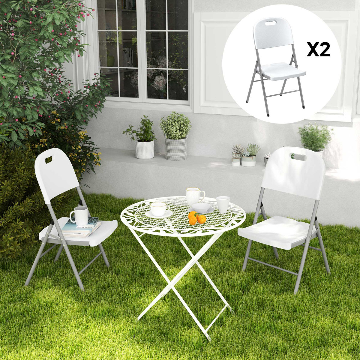 Set of 2 and 4 Outsunny folding garden chairs with steel frames, lightweight outdoor seating with armrests and breathable fabric seats.