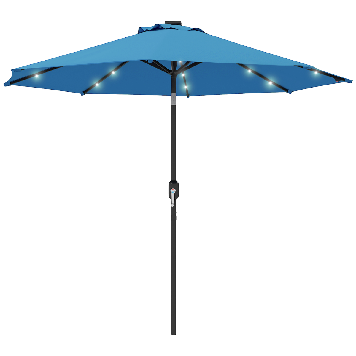 Black 2.7m solar LED garden parasol with tilt function and 24 LED lights, outdoor umbrella for shaded garden seating.