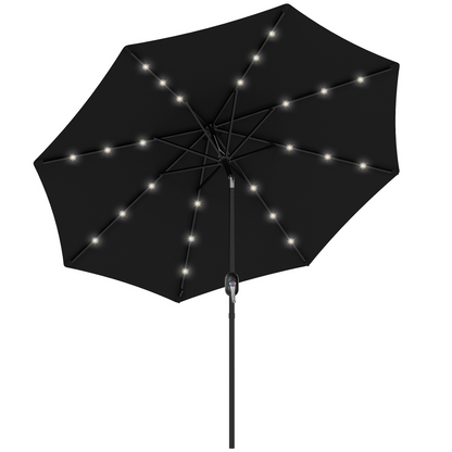 Black 2.7m solar LED garden parasol with tilt feature and 24 integrated LED lights, providing shade and ambient lighting outdoors.