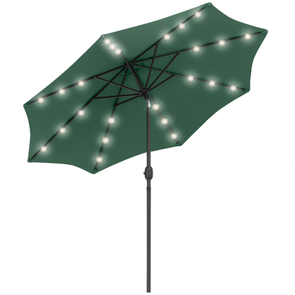 Black 2.7m solar LED garden parasol with tilt feature and 24 LED lights, providing shade and ambient lighting for outdoor spaces.
