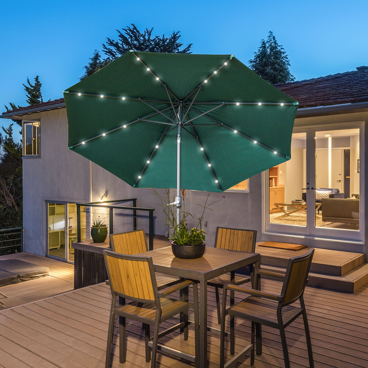 Black 2.7m solar LED garden parasol with tilt feature and 24 LED lights, providing shade and ambient lighting outdoors.