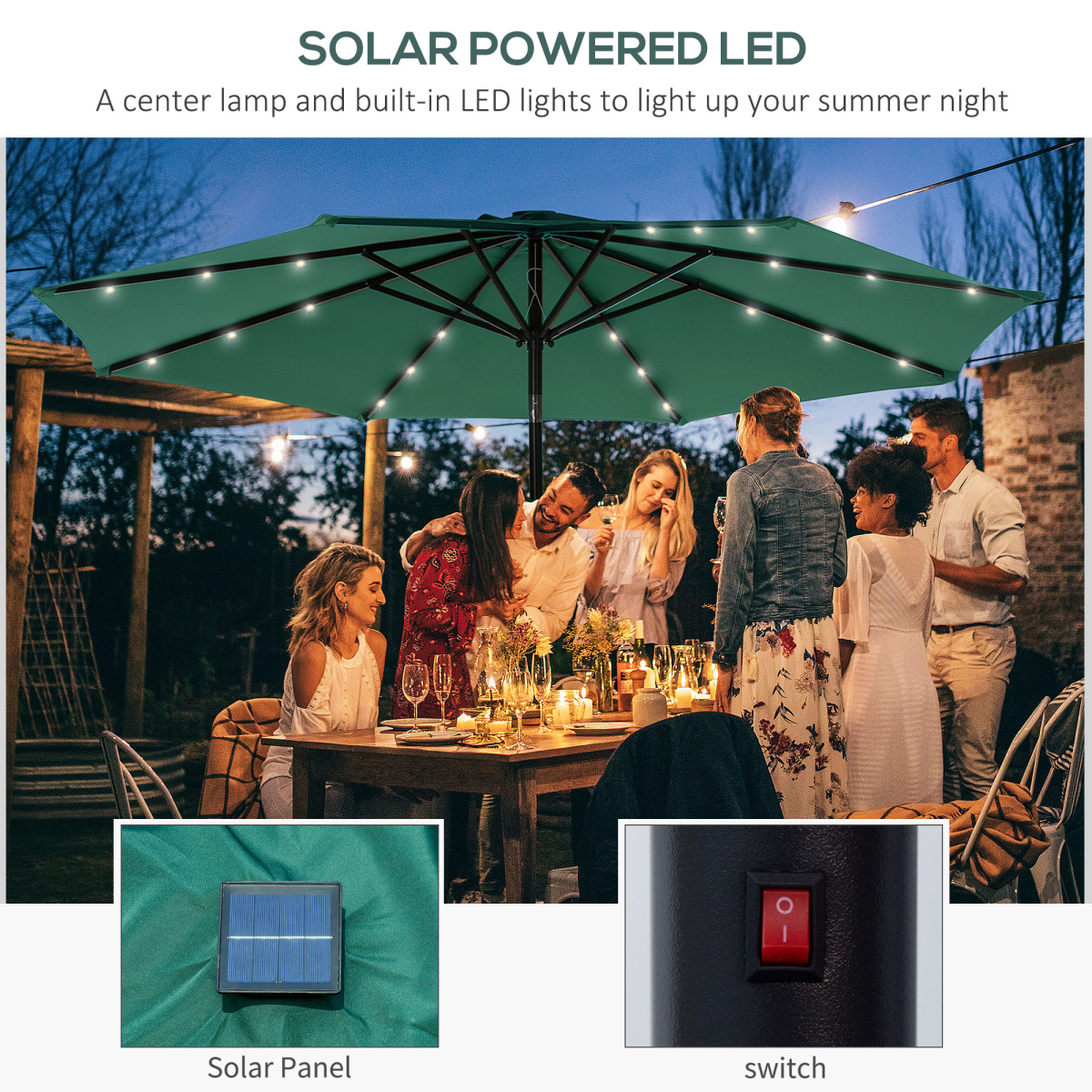 Black 2.7m solar LED garden parasol with tilt feature and 24 LED lights, providing shade and ambient lighting for outdoor spaces.