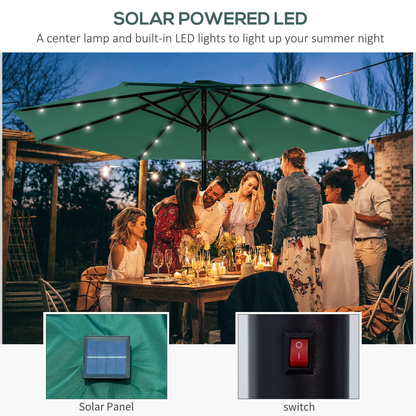 Black 2.7m solar LED garden parasol with tilt feature and 24 LED lights, providing shade and ambient lighting for outdoor spaces.