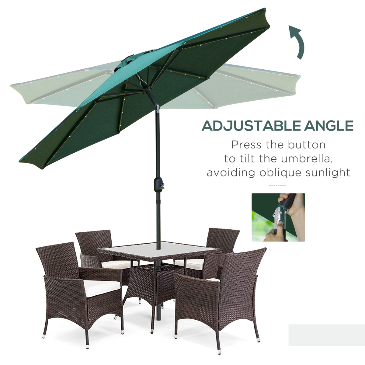 Black 2.7m solar LED garden parasol with tilt feature and 24 LED lights, providing shade and ambient lighting for outdoor spaces.