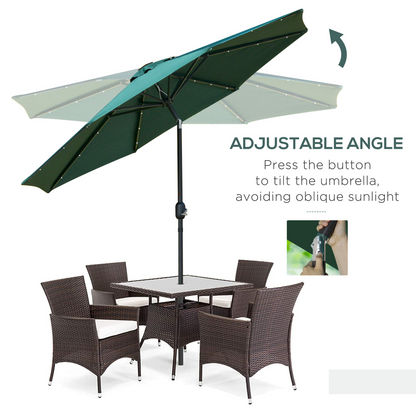Black 2.7m solar LED garden parasol with tilt feature and 24 LED lights, providing shade and ambient lighting for outdoor spaces.