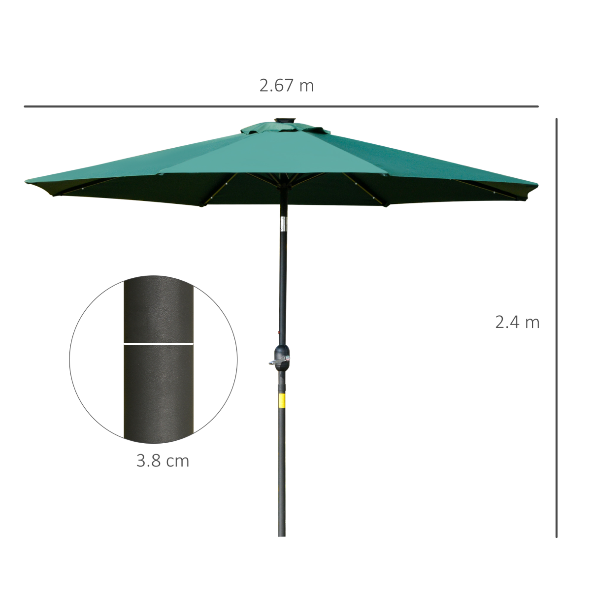 Black 2.7m solar LED garden parasol with tilt feature and 24 LED lights, providing shade and ambient lighting for outdoor spaces.