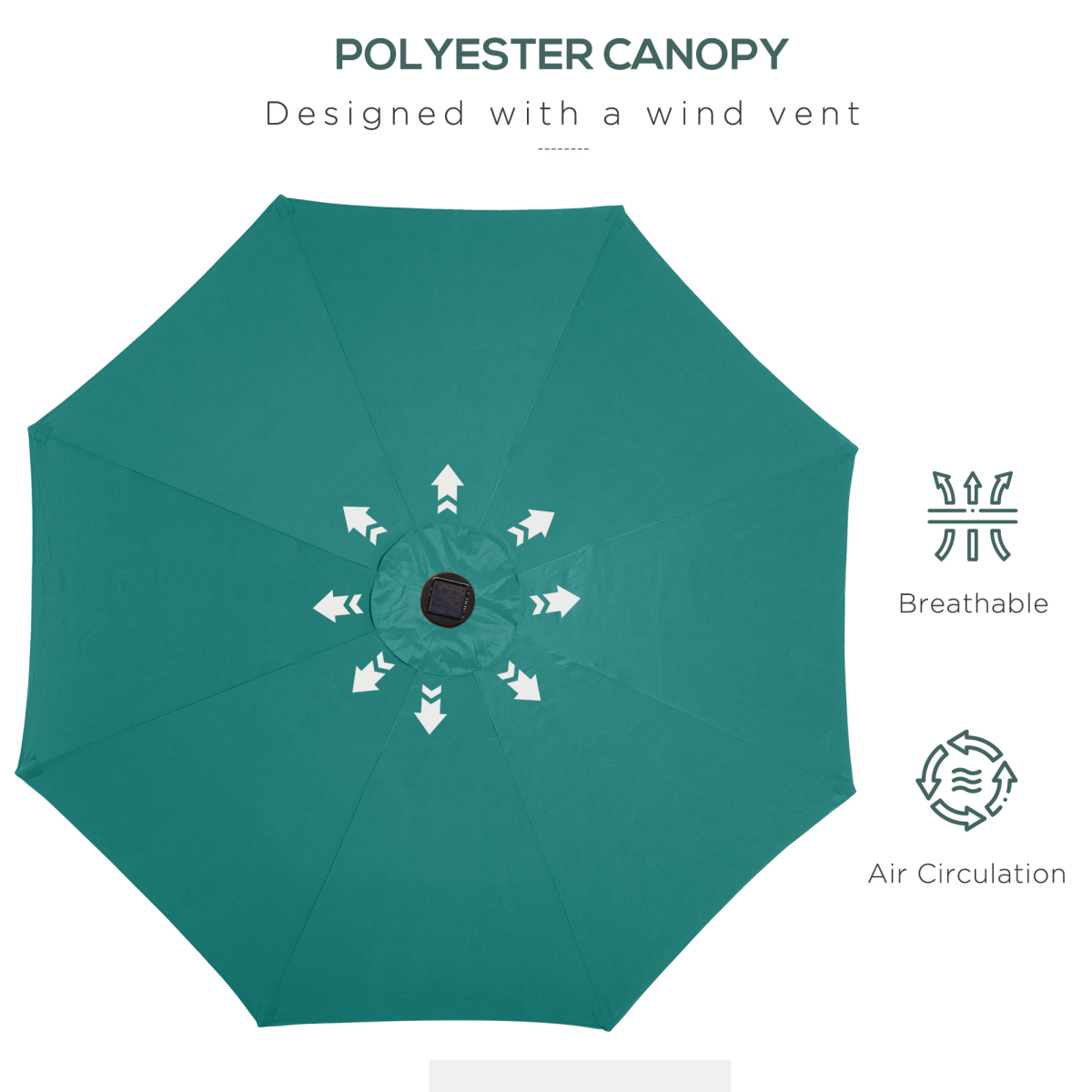 Black 2.7m solar LED garden parasol with tilt feature and 24 integrated LED lights, providing shade and illumination outdoor.