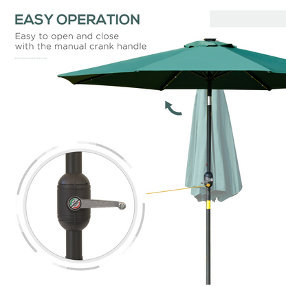 Black 2.7m solar LED garden parasol with tilt feature and 24 LED lights, outdoor umbrella for shaded garden seating.