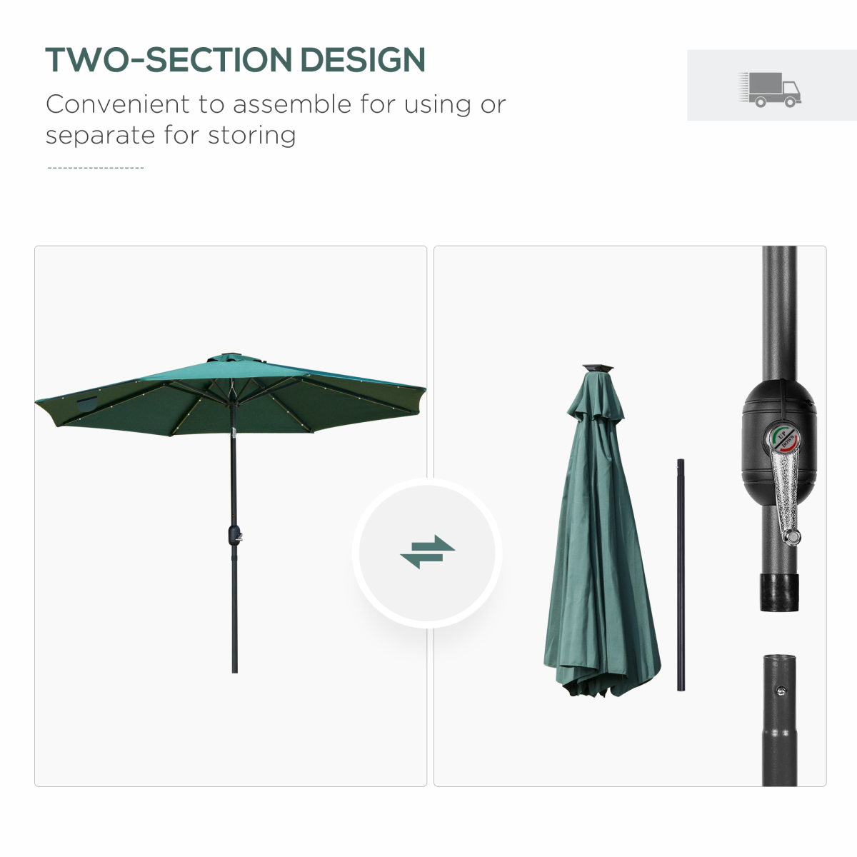 Outsunny black 2.7m solar LED garden parasol with tilt feature and 24 LED lights for shade and outdoor lighting.