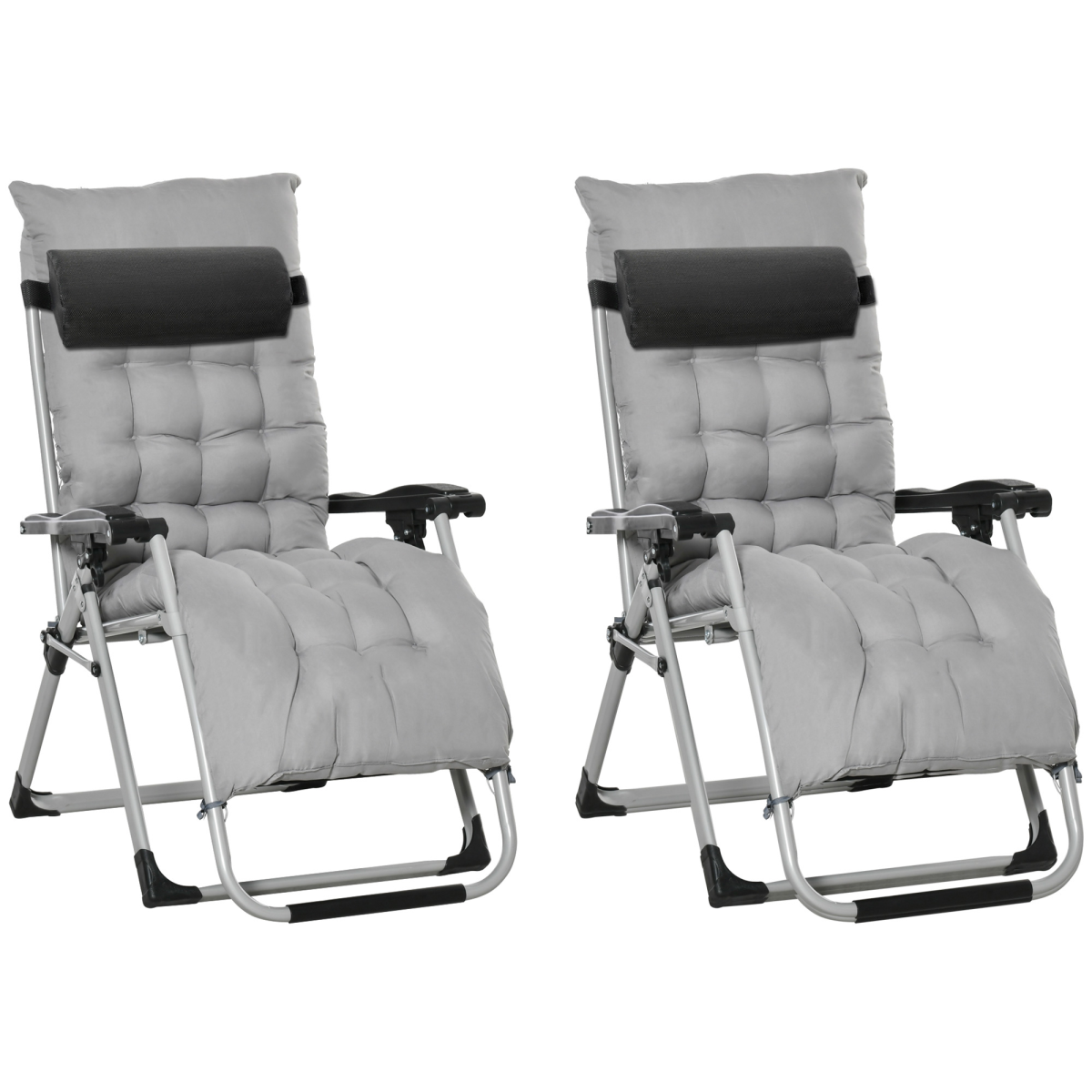 Two light grey Outsunny reclining zero gravity chairs with folding design and cushions, ideal for outdoor relaxation.